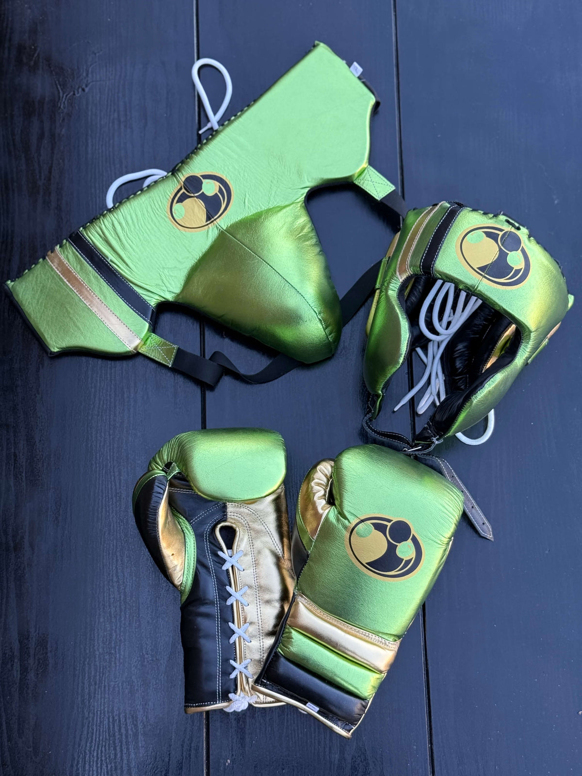 Grant Boxing Sets Green/Gold/Black Leather Gloves and Mitts for Sparring