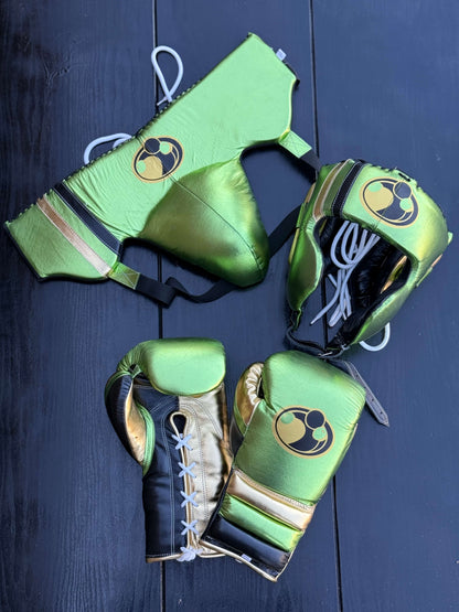 Grant Boxing Sets Green/Gold/Black Leather Gloves and Mitts for Sparring