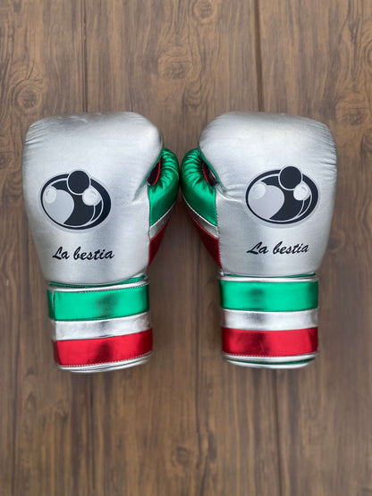 Grant Boxing Sets Silver/Red/Green Leather Boxing Gloves Back View