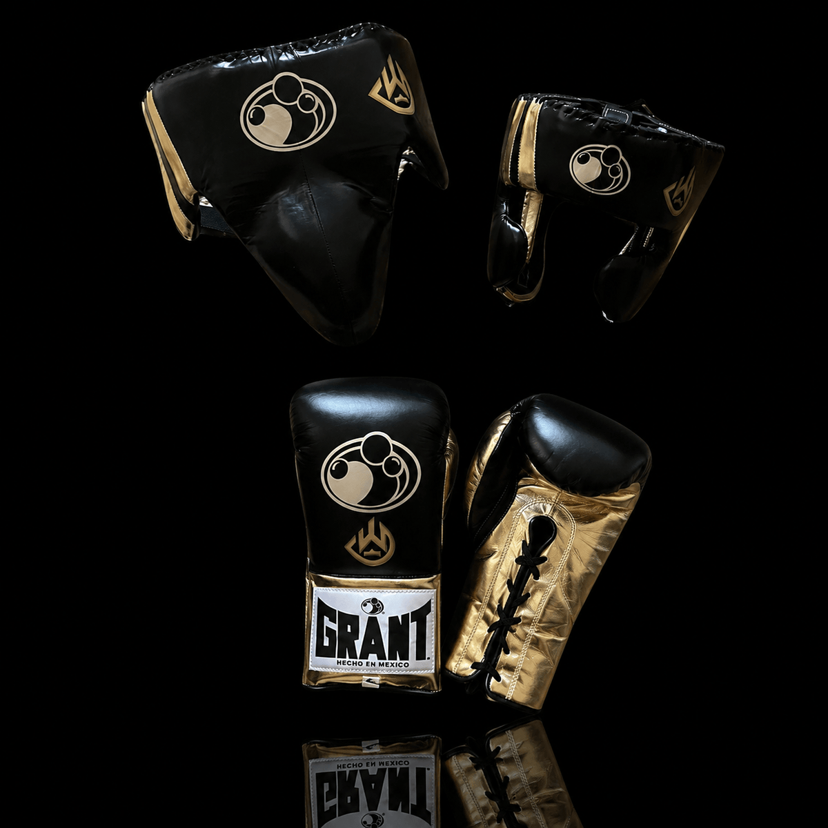 Grant Black/Gold Full Boxing Set Gloves Headguard Groin Guard