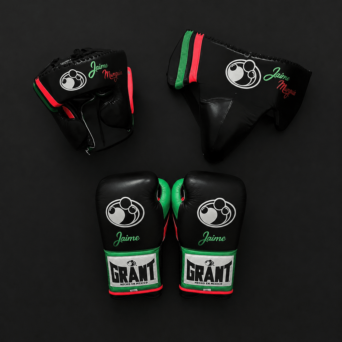 Grant Boxing Set Black/Red/Green 14oz Gloves with Headguard Training Kit