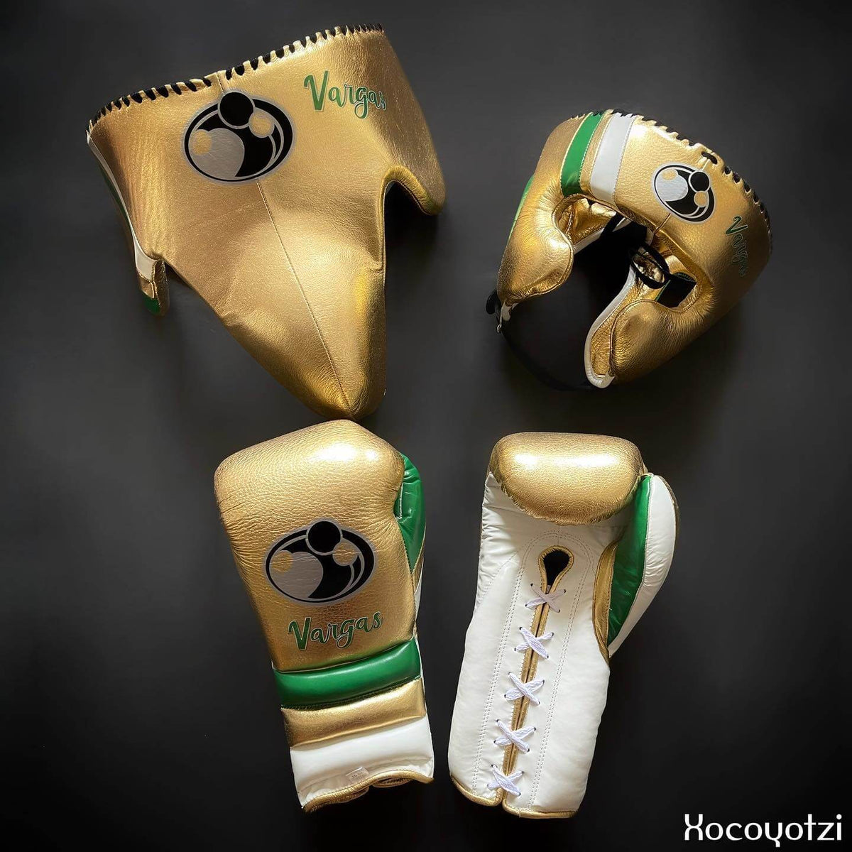 Grant Boxing Set Gold/White/Green Gym Training Gloves Headguard