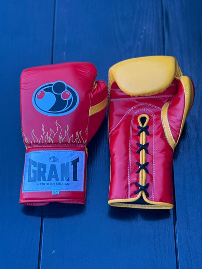 Grant Boxing Gloves Red/Yellow Flame Style Leather Training Gloves Front View