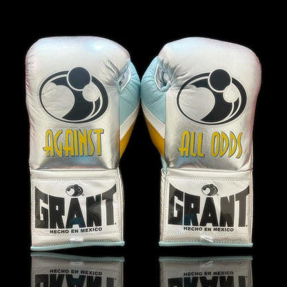 Grant Boxing Gloves Silver/Blue/Yellow on Hands Training Action Shot Back View