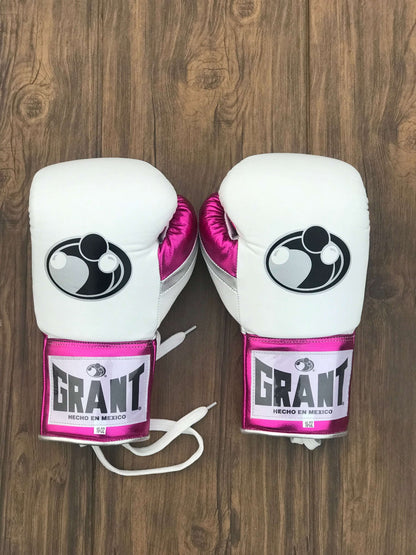 Grant Boxing Gloves White/Pink/Silver Leather Training Gloves Back View