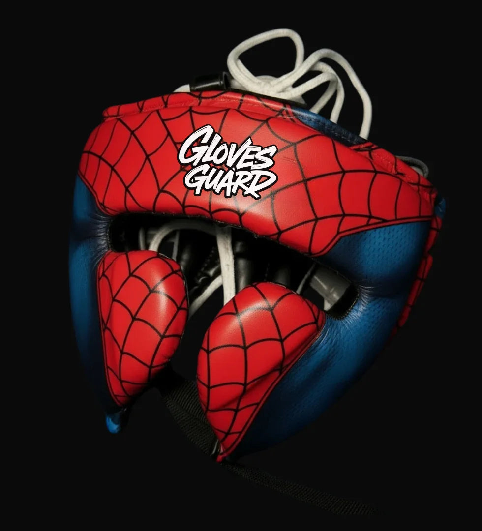 Spider-Man themed boxing gloves with a 'Gloves Guard' label on a black background