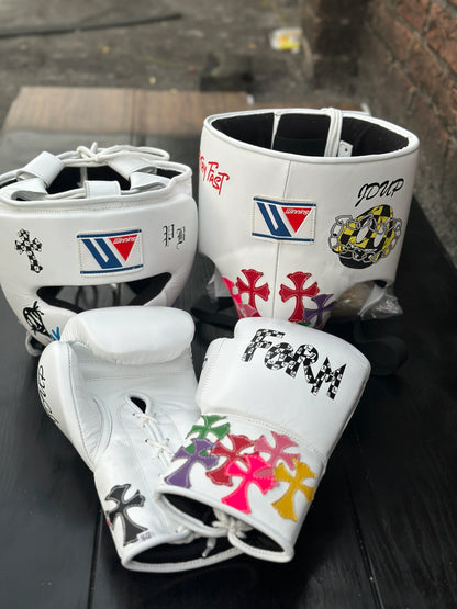 Winning Boxing Gloves Set | Cheek Protector Headguard & Groin Guard | White Chrome Heart Style