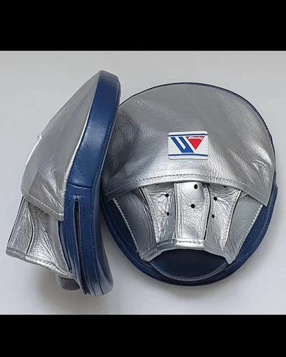 Pair of silver and blue boxing mitts with Winning logo