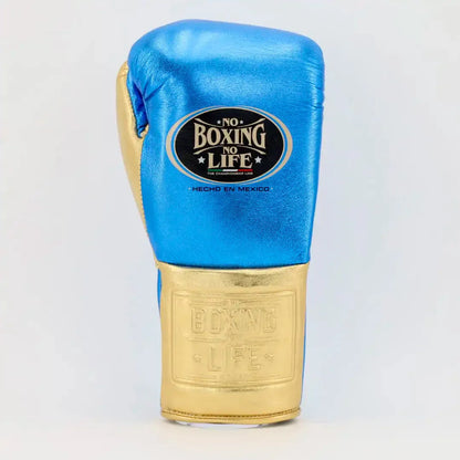 No Boxing No Life Blue & Gold Lace-Up Boxing Gloves Front View
