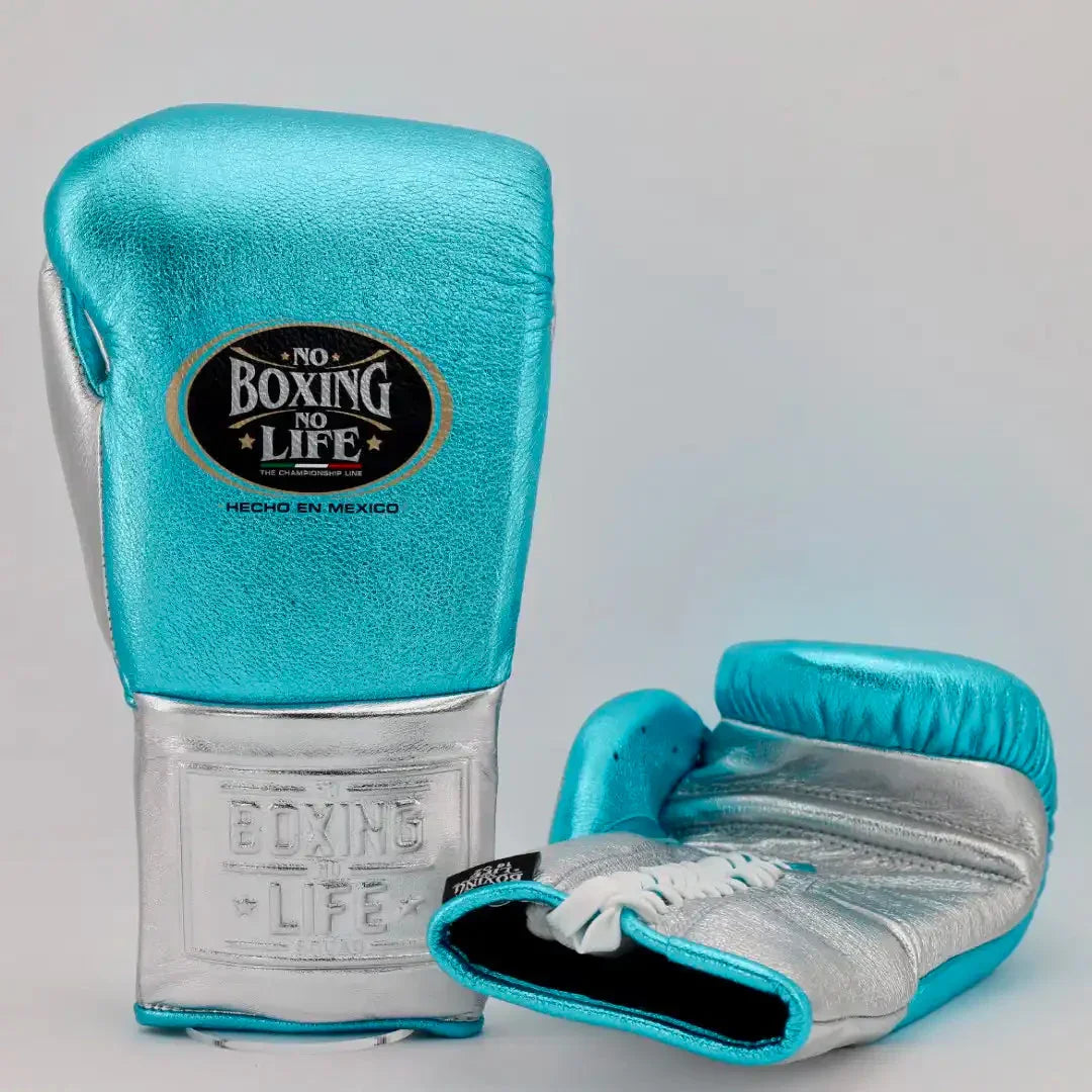 No Boxing No Life Blue & Silver Lace-Up Boxing Gloves Front Back View