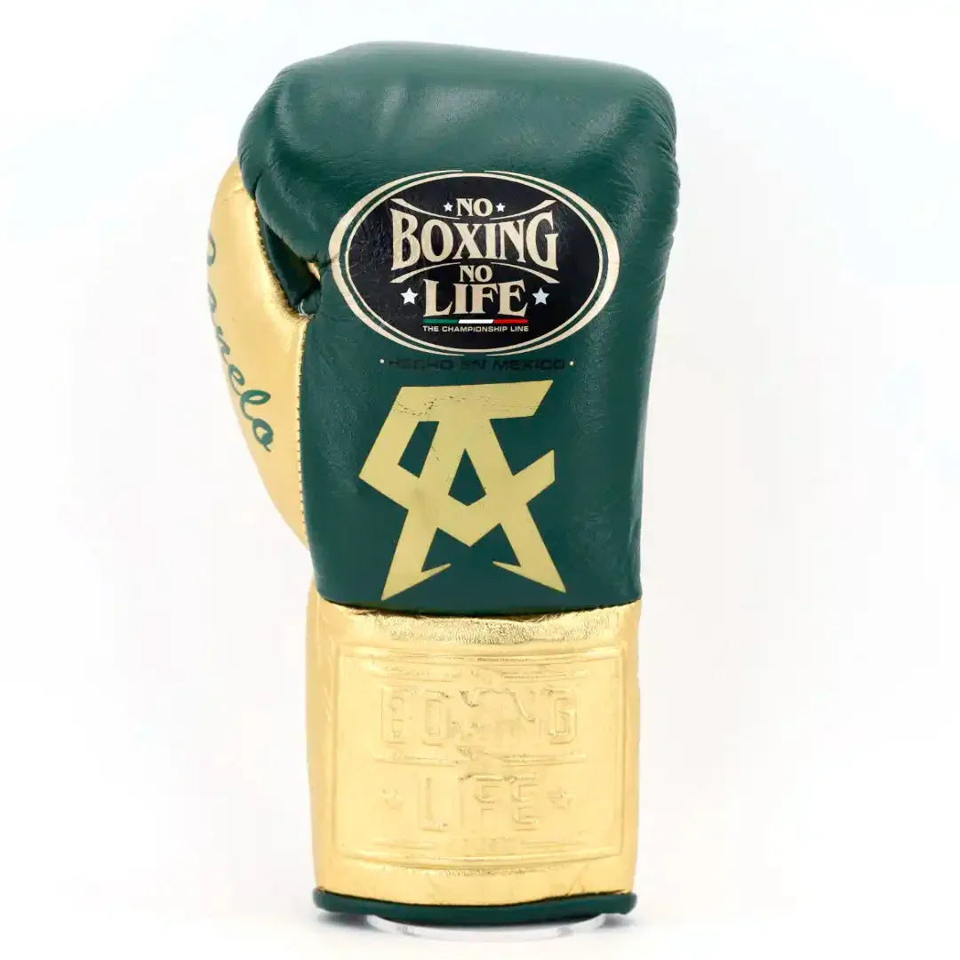No Boxing No Life Dark Green & Gold Lace-Up Boxing Gloves Front View