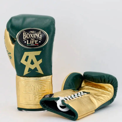 No Boxing No Life Dark Green & Gold Lace-Up Boxing Gloves Front Back View