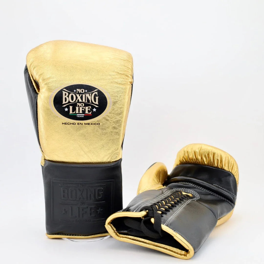 No Boxing No Life Gold & Black Lace-Up Boxing Gloves Front Back View
