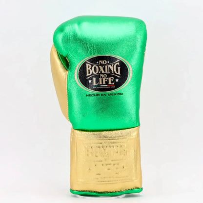 No Boxing No Life Green & Gold Lace-Up Boxing Gloves Front View