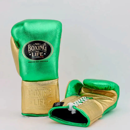 No Boxing No Life Green & Gold Lace-Up Boxing Gloves Front Back View