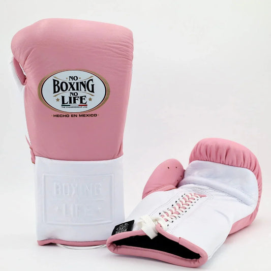 No Boxing No Life Pink & White Lace-Up Boxing Gloves Front Back View