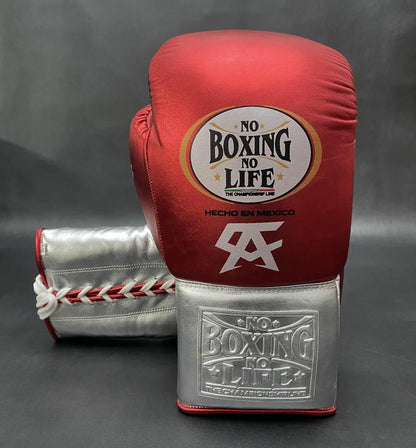 No Boxing No Life Red & Silver Lace-Up Boxing Gloves Front View