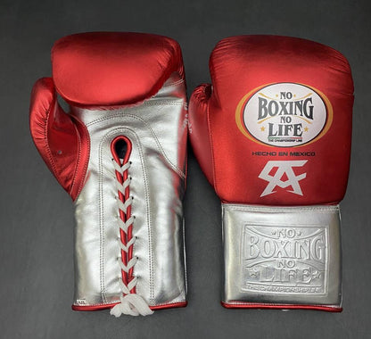 No Boxing No Life Red & Silver Lace-Up Boxing Gloves Front Back View
