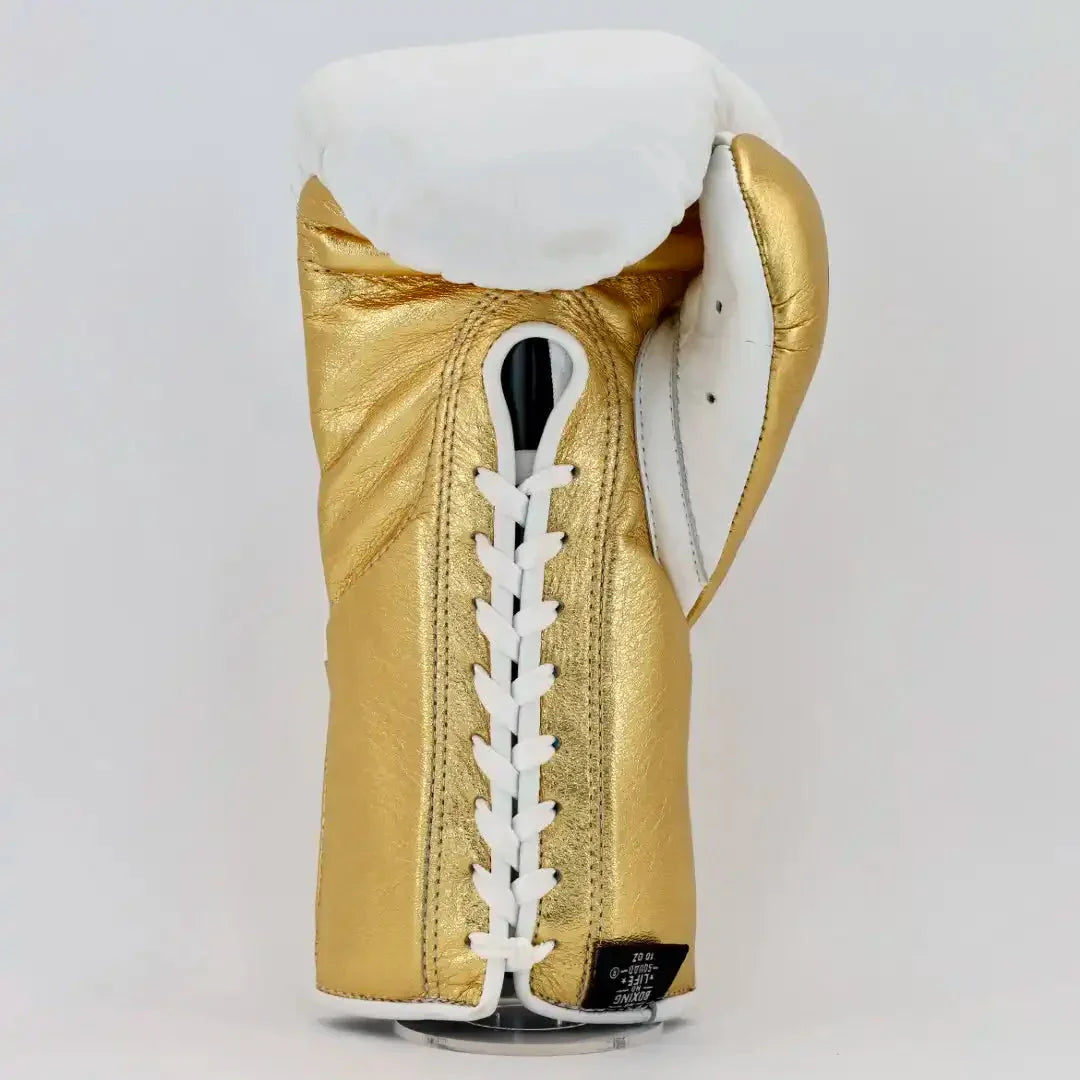 No Boxing No Life White & Gold Lace-Up Boxing Gloves Back View