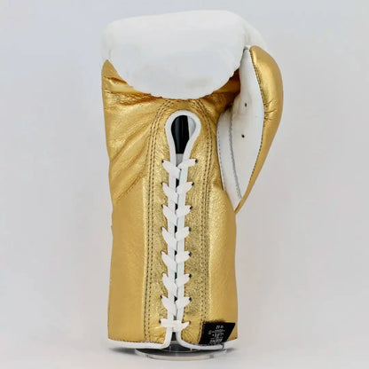No Boxing No Life White & Gold Lace-Up Boxing Gloves Back View