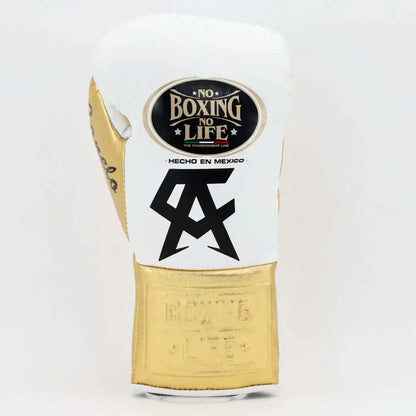 No Boxing No Life White & Gold Lace-Up Boxing Gloves Front View