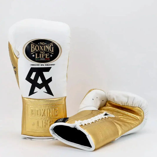No Boxing No Life White & Gold Lace-Up Boxing Gloves Front Back View