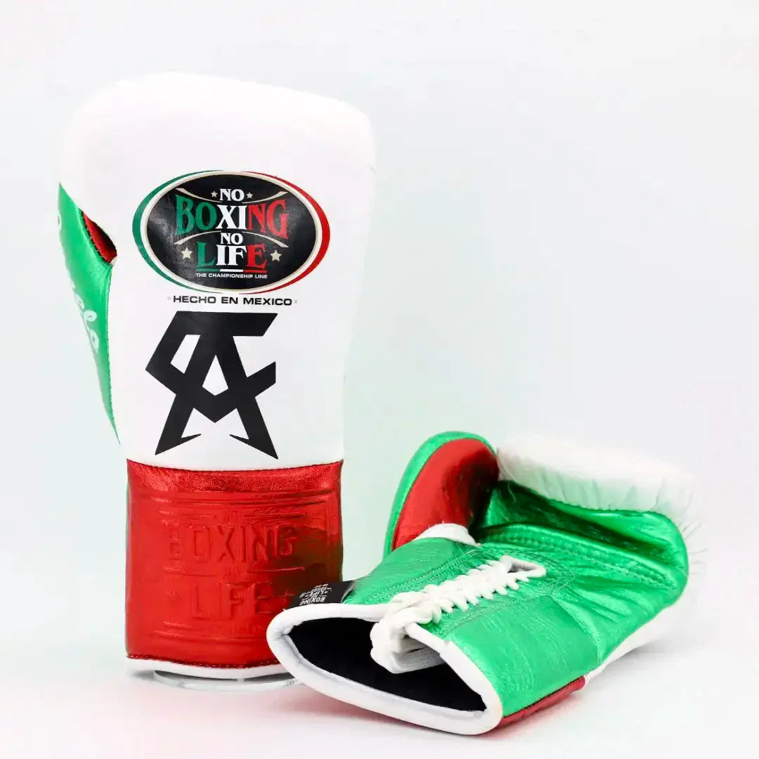 No Boxing No Life White Red & Green Lace-Up Boxing Gloves Front Back View