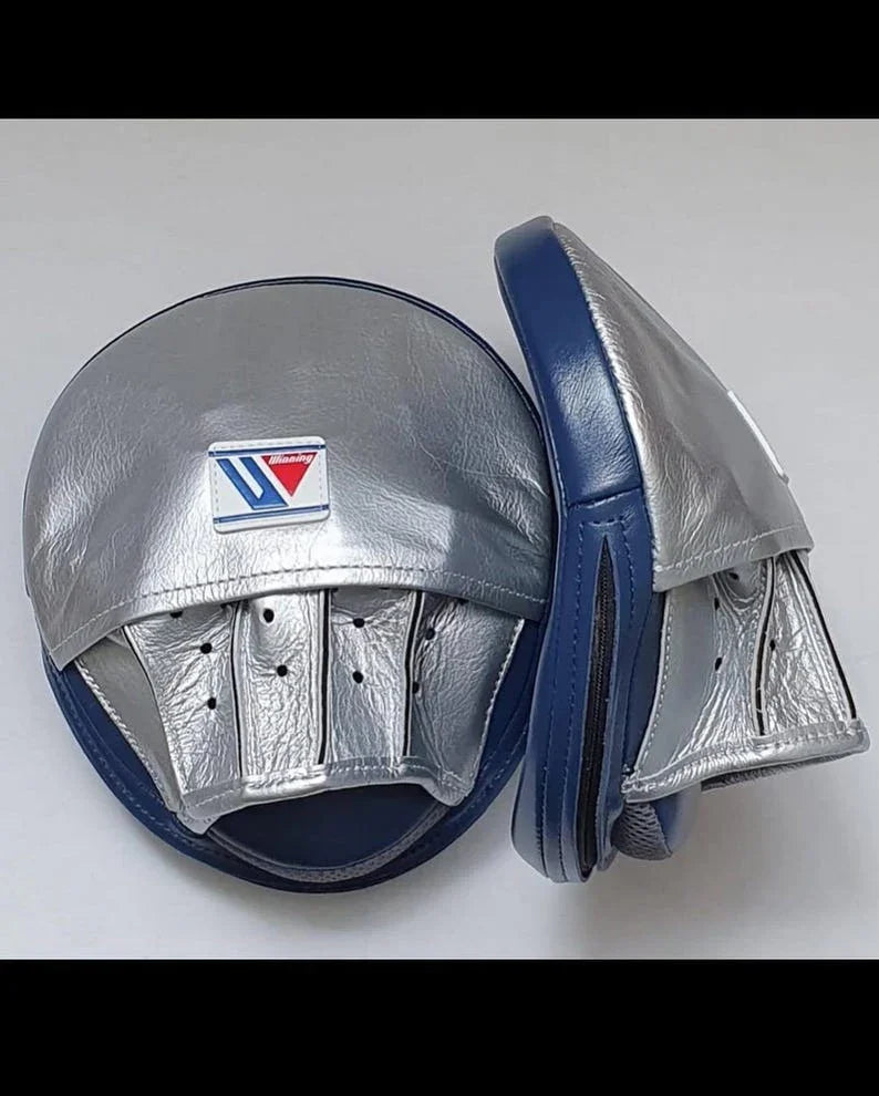 Pair of silver boxing pads with a blue border on a white background