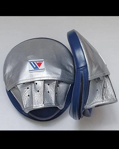 Pair of silver boxing pads with a blue border on a white background