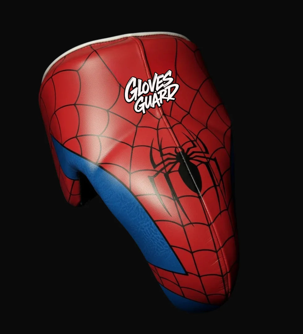 Spider-Man themed glove guard with web design and spider logo on a black background