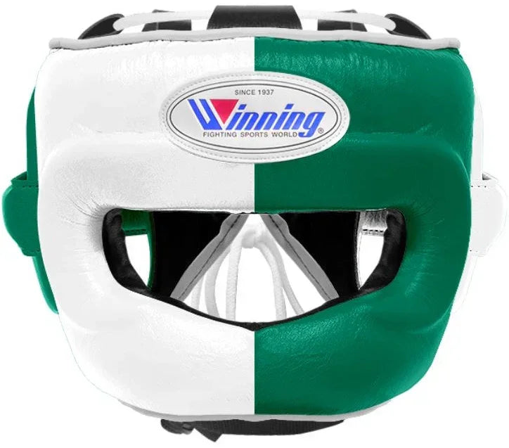 Front View for Winning White and Green Full Face Boxing Headgear