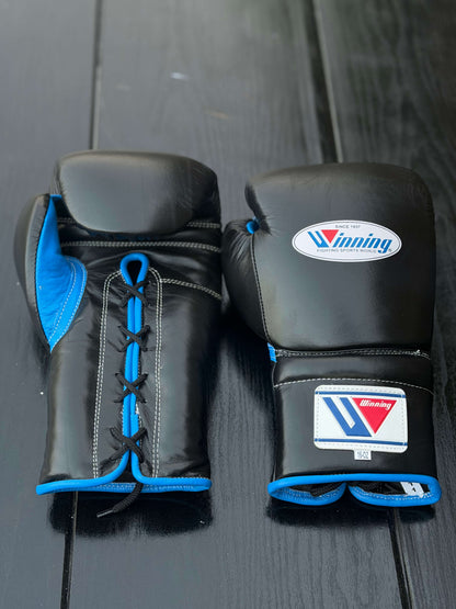 Winning Boxing Sets Blue/Black Leather Gloves Front View