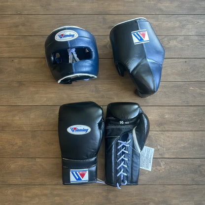 Winning Black Boxing Gloves Full Set with Nose Bar and Headgear