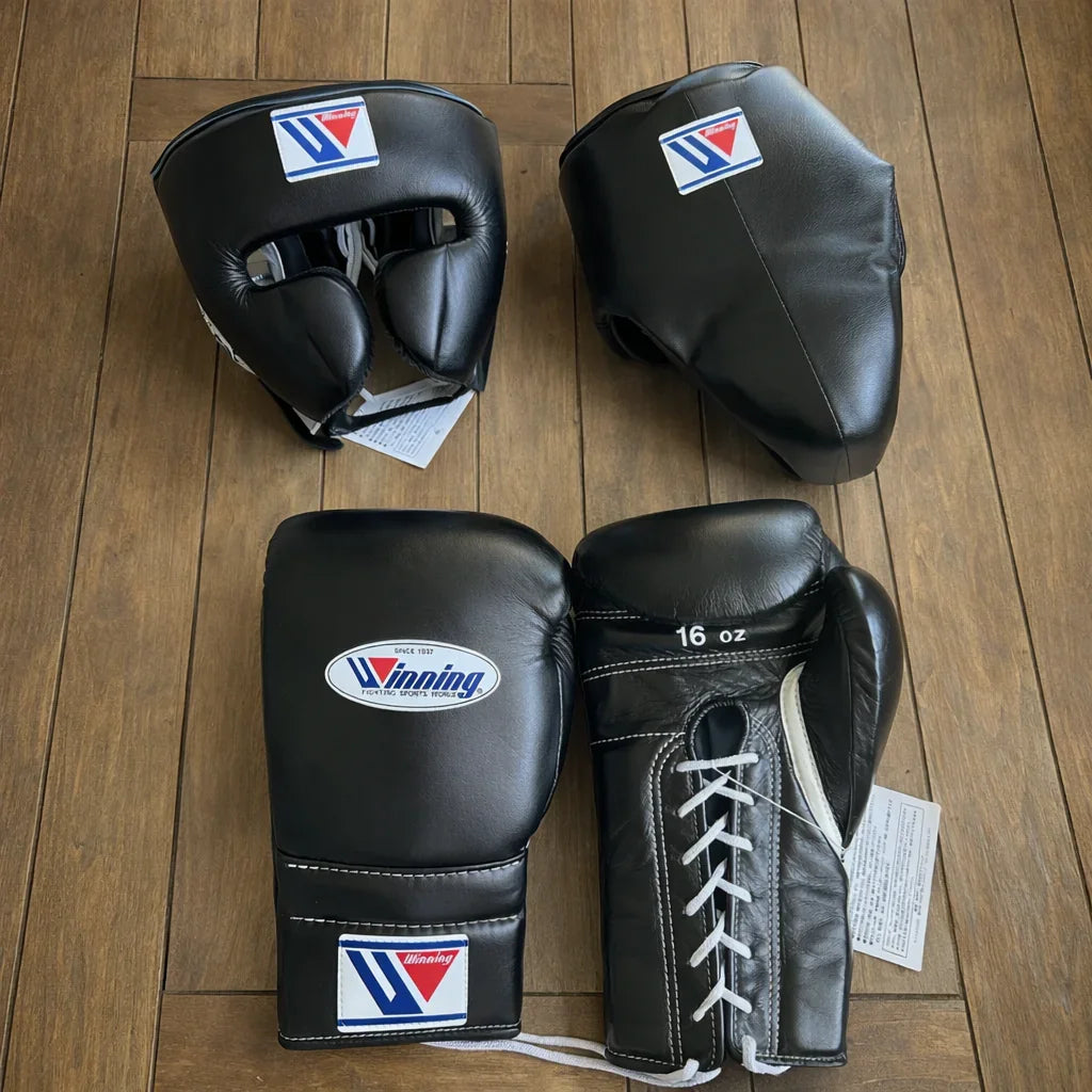Winning Black Boxing Gloves Complete Set with Cheek Protector Headgear