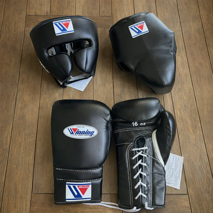 Winning Black Boxing Gloves Complete Set with Cheek Protector Headgear