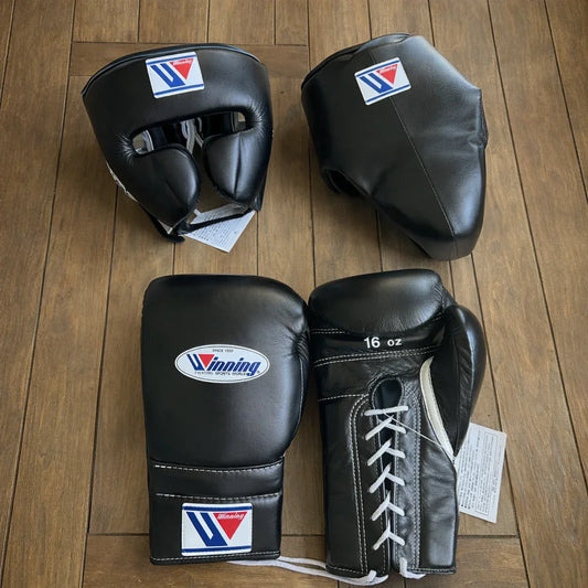 Winning Black Boxing Gloves Complete Set with Cheek Protector Headgear