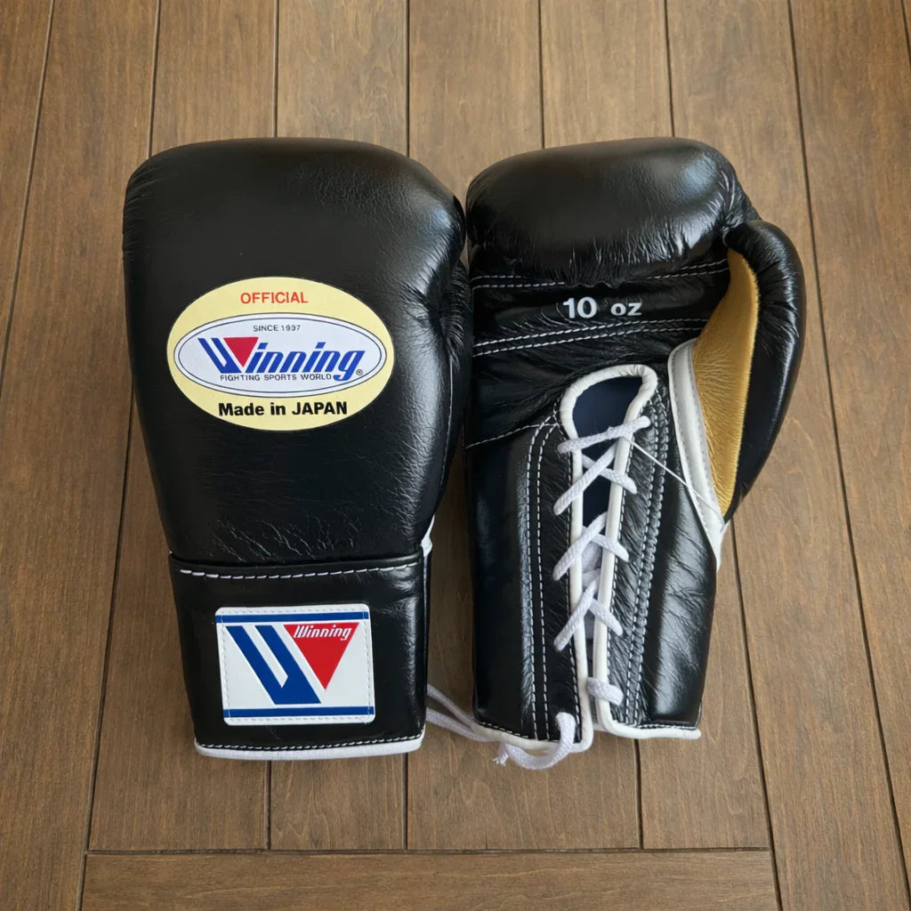 Image of Winning Black/Gold Boxing Gloves - Lace-Up (Japanese Logo)