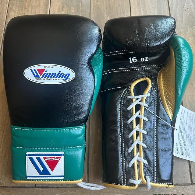 Image of Winning Black/Green/Gold Boxing Gloves - Lace-Up