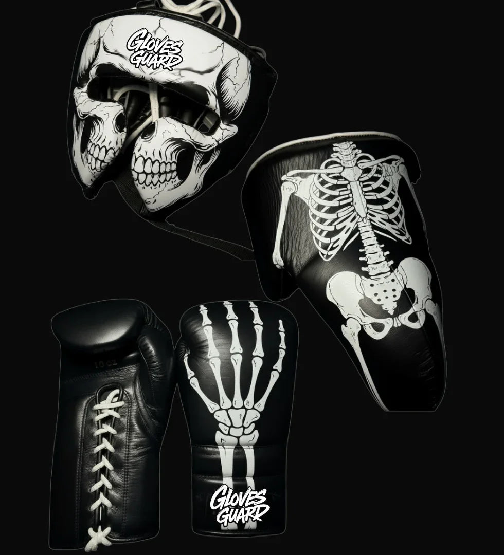 Gloves Guard skeleton-themed boxing gear on a black background