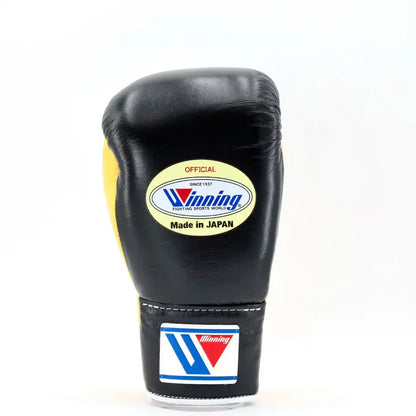 Winning Black & Yellow Lace-Up Boxing Gloves Japanese Logo Front View