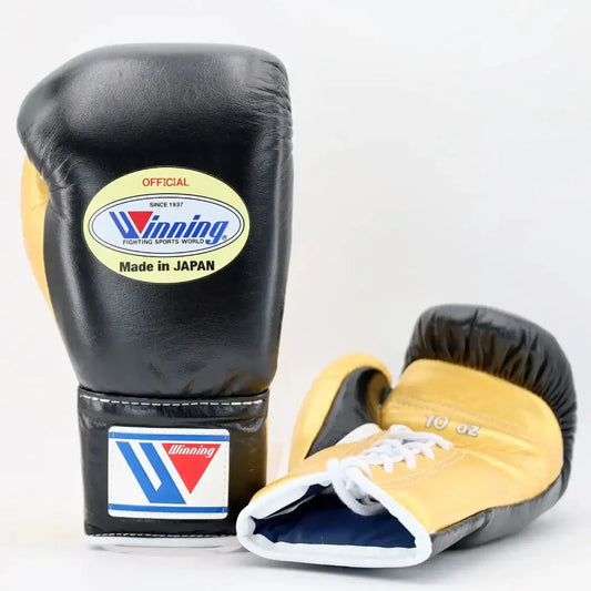 Winning Black & Yellow Lace-Up Boxing Gloves Japanese Logo Front Back View