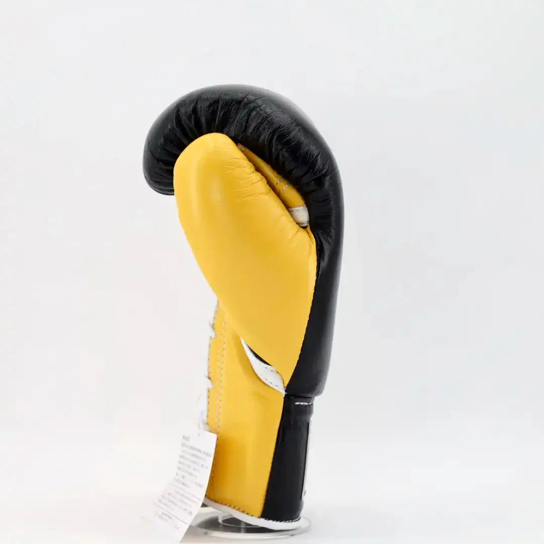 Winning Black & Yellow Lace-Up Boxing Gloves Japanese Logo Side View