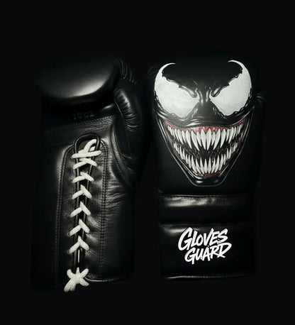 Black boxing gloves with Venom design and 'Gloves Guard' branding on a black background