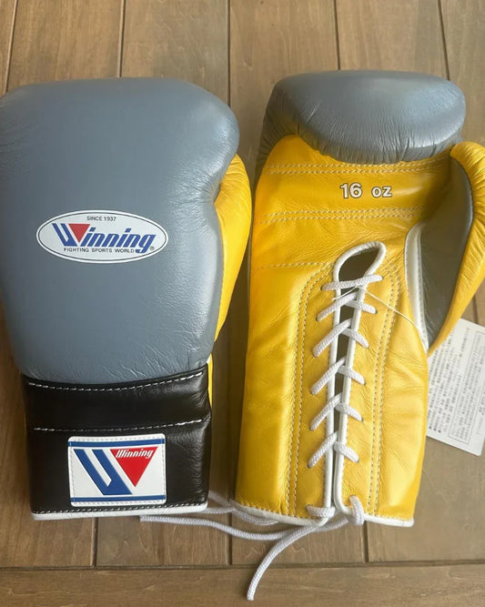 Image of Winning Grey/Black/Yellow Boxing Gloves - Lace-Up