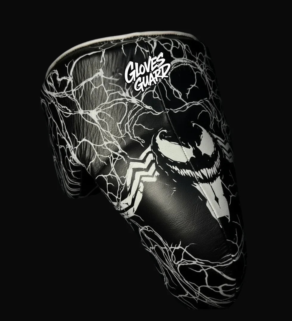 Gloves Guard shin guard with black and white design on a black background