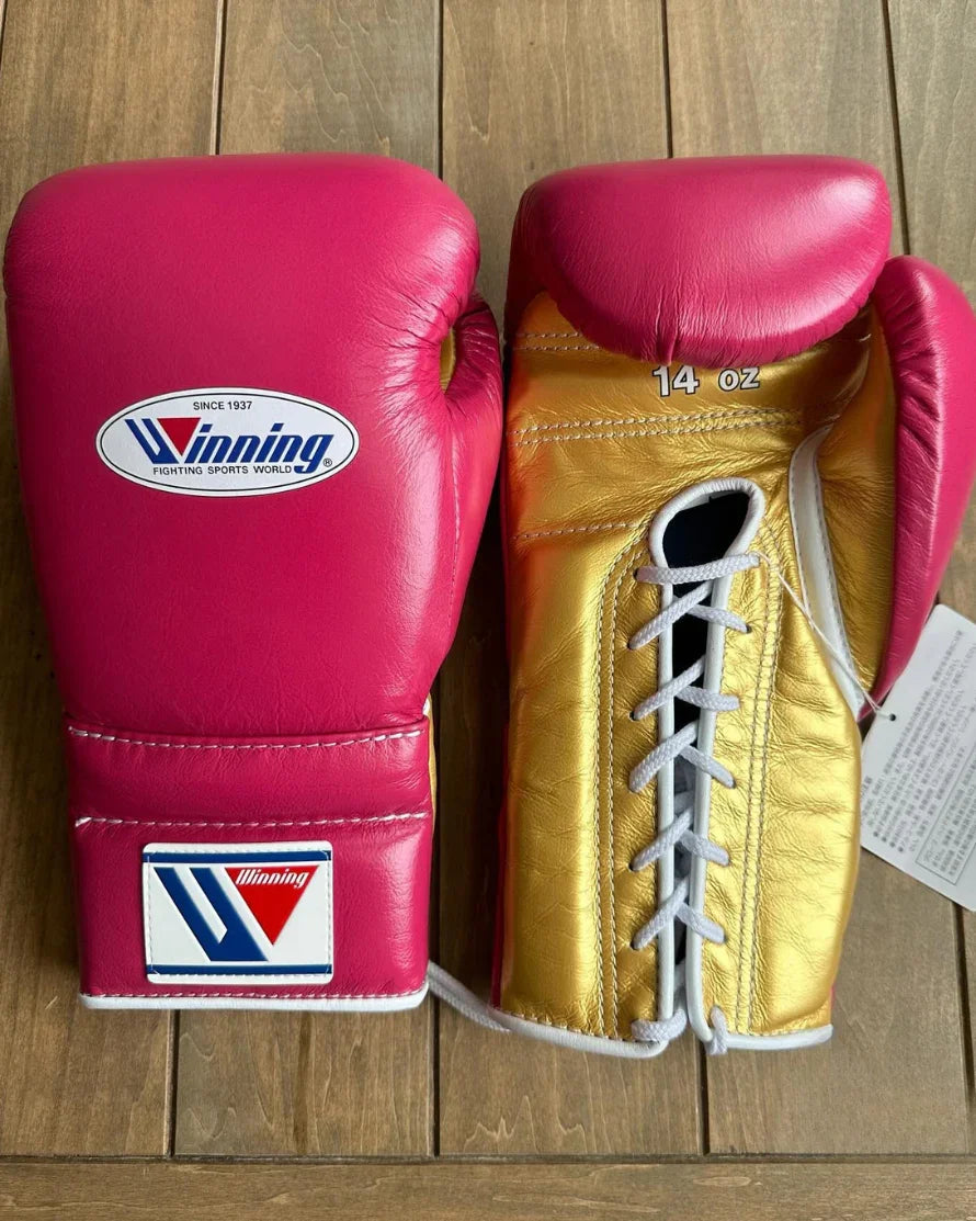 Image of Winning Pink/Gold Boxing Gloves - Lace-Up