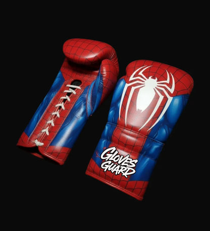 Red and blue boxing gloves with spider design on a black background
