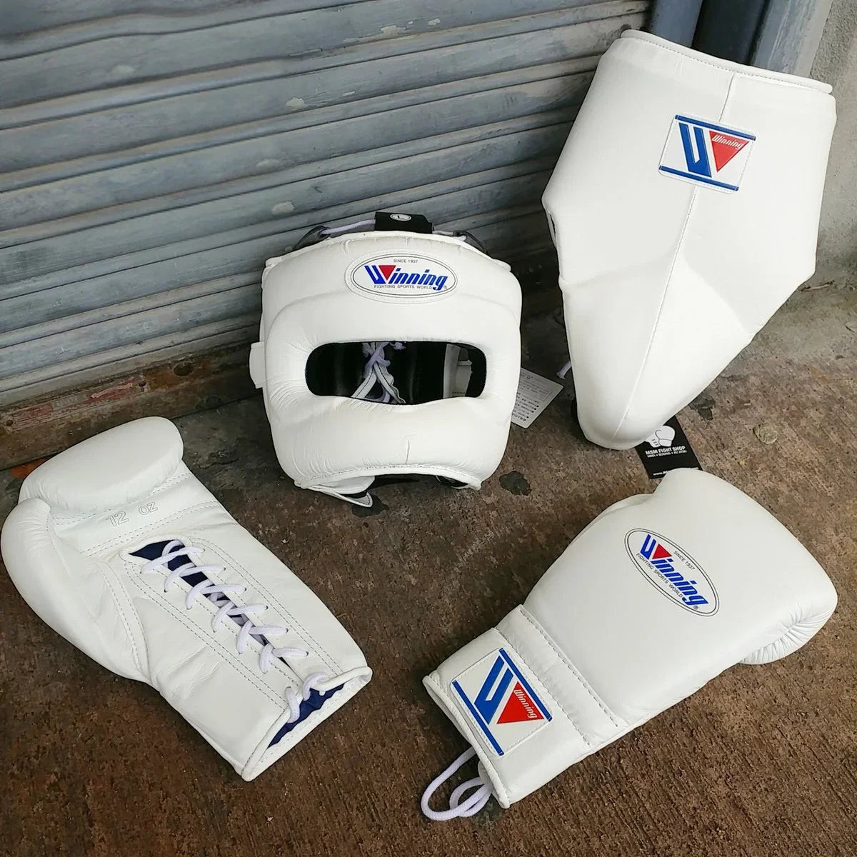Winning White Boxing Gloves Set with Nose Bar Headgear Full View