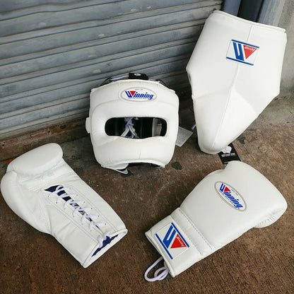 Winning White Boxing Gloves Set with Nose Bar Headgear Full View