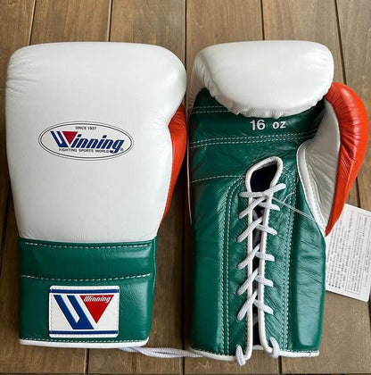 Image of Winning White/Green/Orange Boxing Gloves - Lace-Up